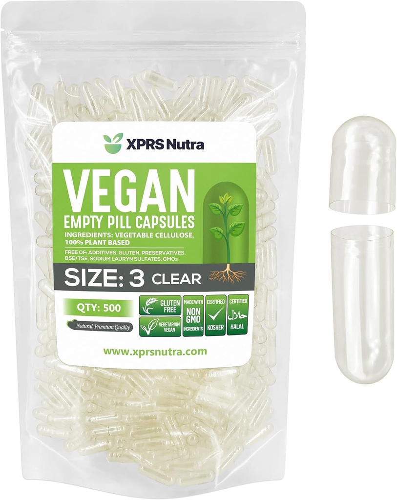 XPRS Nutra Size 3 Empty Capsules - 500 Count Clear Empty Vegan Capsules - Vegetarian Pills - DIY Vegetable Capsule Filling - Veggie Pill Caps