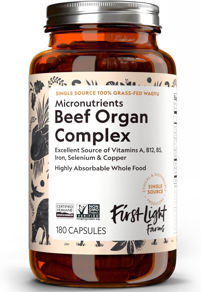 First Light Farms Freeze-Dried Wagyu Beef Organ Supplement Grass-Fed | 180 Capsules | Whole Food Nutrition with Liver, Heart, Kidney & Spleen | Beef Organ Complex, Certified Humane