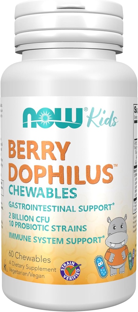 NOW Foods Supplements, BerryDophilus™ with 2 Billion, 10 Probiotic Strains, Xylitol Sweetened, Strain Verified, 60 Chewables, packaging may vary