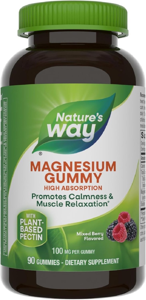 Nature’s Way Magnesium Gummies, Promotes Calm*, with Magnesium Citrate, Raspberry and Blackberry Flavored, 90 Gummies