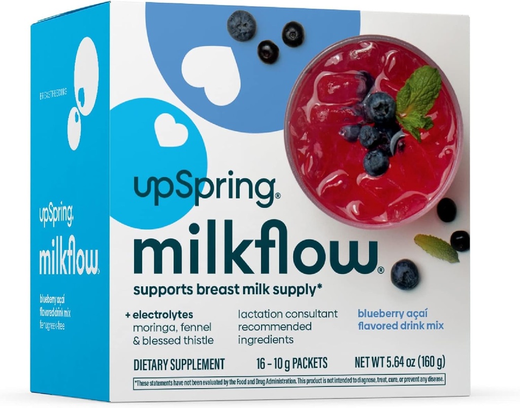 UpSpring Milkflow Electrolyte Breastfeeding Supplement Drink Mix Fenugreek-Free, Moringa & Blueberry Acai Flavor, Lactation Supplement to Support Breast Milk Supply and Restore Electrolytes, 16 Mixes