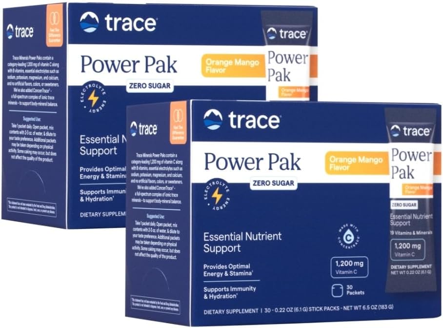 Trace Minerals Power Pak Multivitamin and Multimineral Packets - Electrolyte Support - 1200 mg Vitamin C Plus 70 Sugar Free - Orange Mango Flavor - 60 Packets
