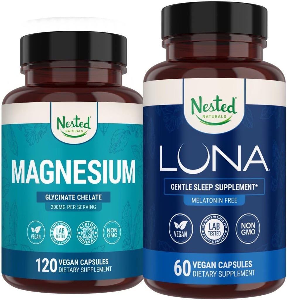 Nested Naturals Luna Melatonin-Free Sleep Aid & Magnesium Glycinate Chelate for Improved Sleep, Relaxation, & Recovery (180 Capsules)