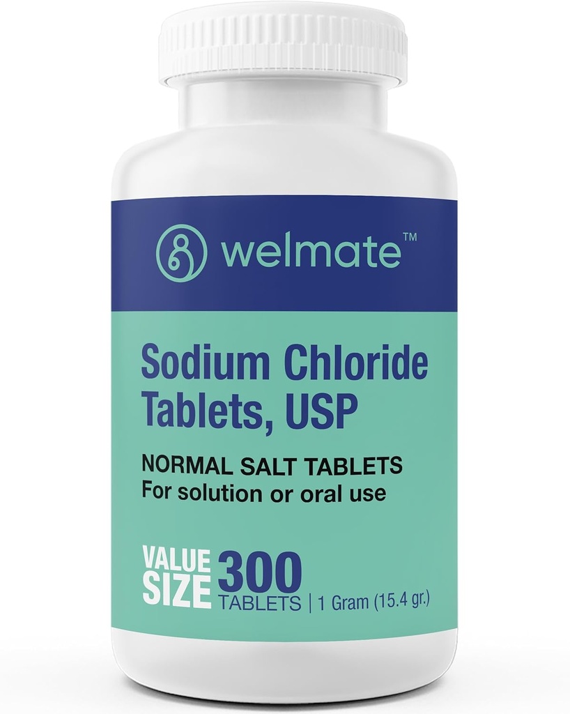 WELMATE - Sodium Chloride (Salt) Tablets - 1000 mg per Tablet - Maintains Hydration & Electrolyte Balance - 300 Count - 15.4 g Total Salt Content - Tablet Form