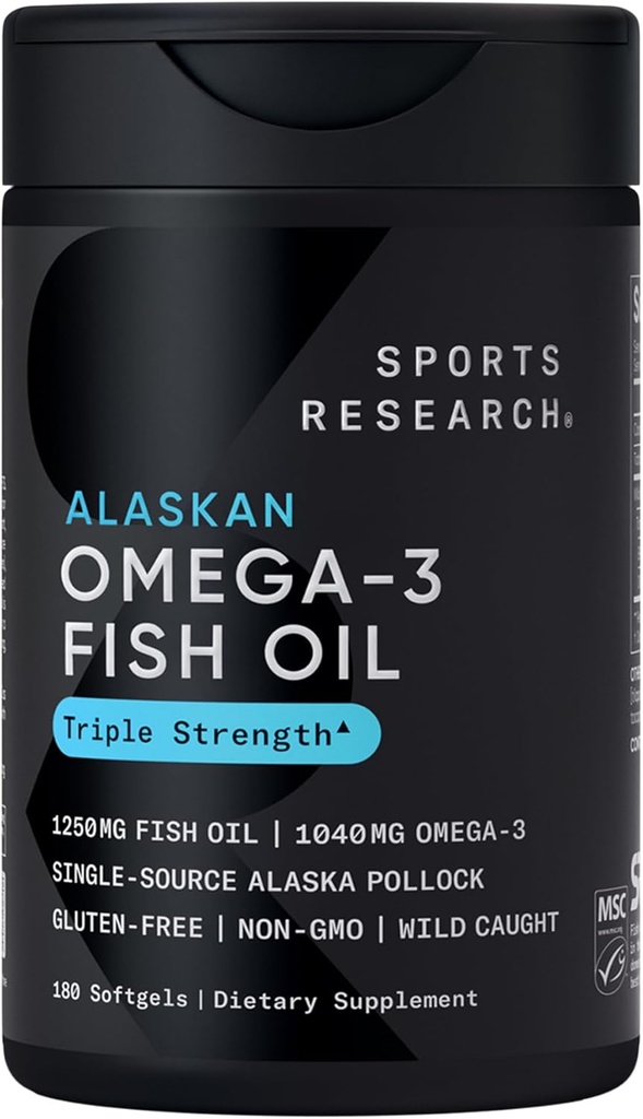 Sports Research Triple Strength Omega 3 Fish Oil - Burpless Fish Oil Supplement w/EPA & DHA Fatty Acids from Single-Source Wild Alaska Pollock - 1250 mg, 180 ct