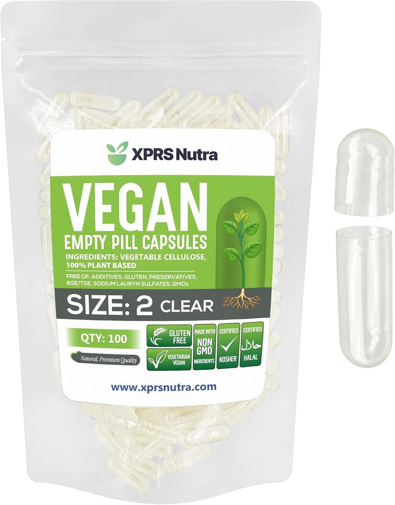 XPRS Nutra Size 2 Empty Capsules - 100 Clear Empty Vegan Capsules - Vegetarian Pill - DIY Vegetable Capsule Filling - Veggie Caps Pills for Do-It-Yourself Supplements