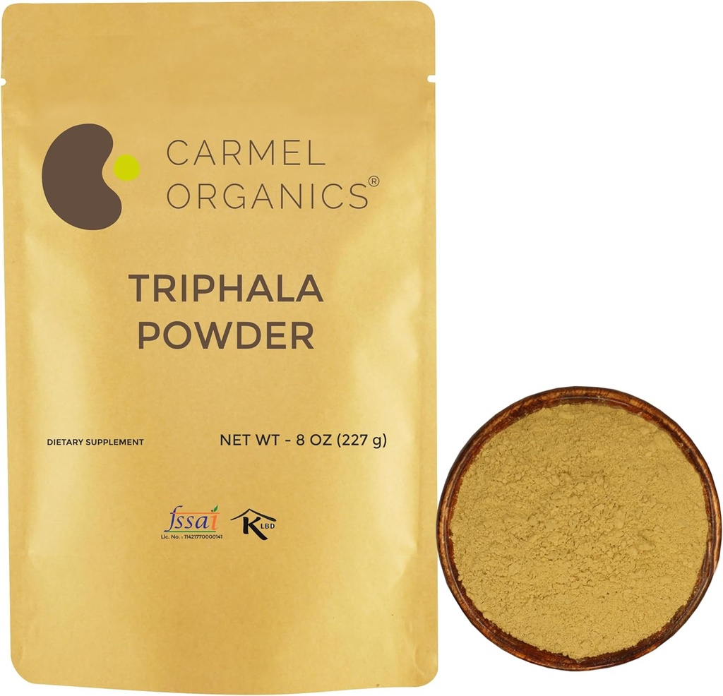 CARMEL ORGANICS Triphala Powder (8 Ounces) for Digestive Support | No Added Preservatives | Equal Blend of Harad, Baheda & Amla Fruits