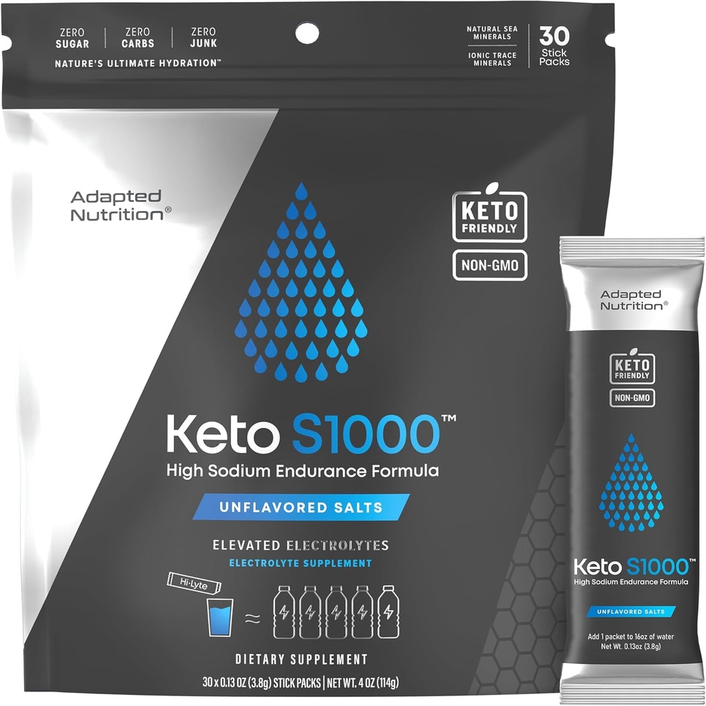 Adapted Nutrition Keto S1000 Electrolyte Powder Packets | Keto and Paleo Friendly | No Sugar, Calories, Maltodextrin | Clean | 30 Unflavored Salt Hydration Stick Packs