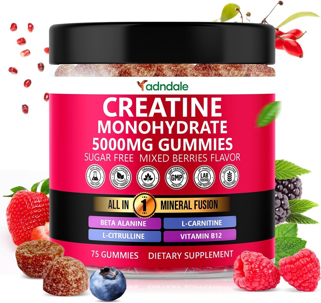 Adndale Creatine Gummies for Women & Men, 5000mg per Serving Creatine Monohydrate Supplement with Beta-Alanine, L-Citrulline & B12-75 Vegan Gummies. Sugar-Free