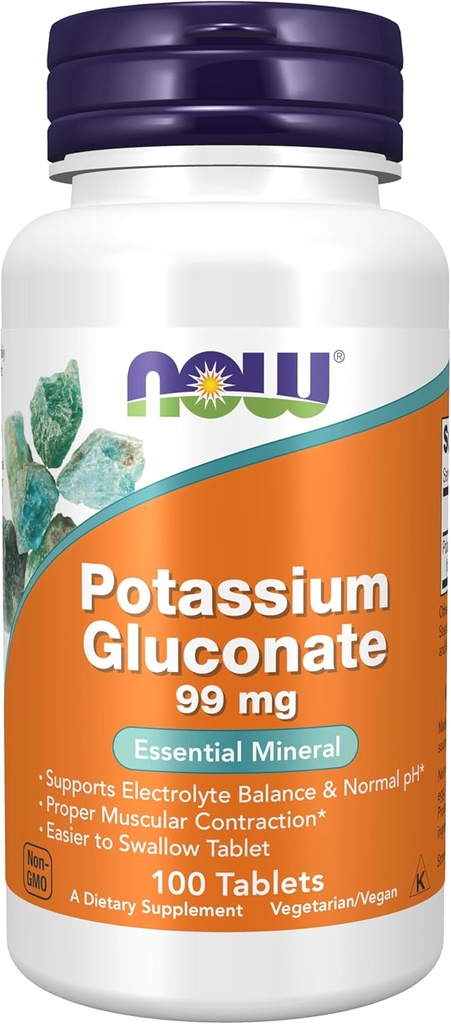 NOW Foods Supplements, Potassium Gluconate 99mg, Easier to Swallow, Essential Mineral*, 100 Tablets