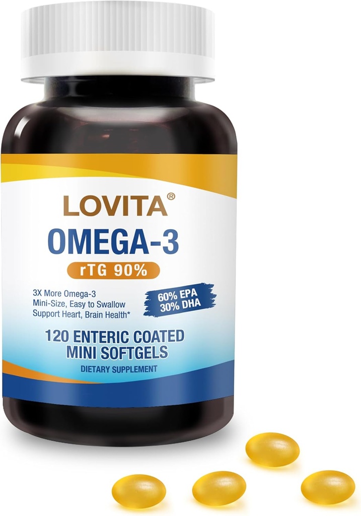 LOVITA Omega-3 Fish Oil 2000mg Supplement for Men and Women, 120 Mini Softgels, High Absorption rTG with EPA & DHA, Burpless Enteric-Coated, Non-GMO, Supports Heart Brain Eye Health, 30 Day Supply