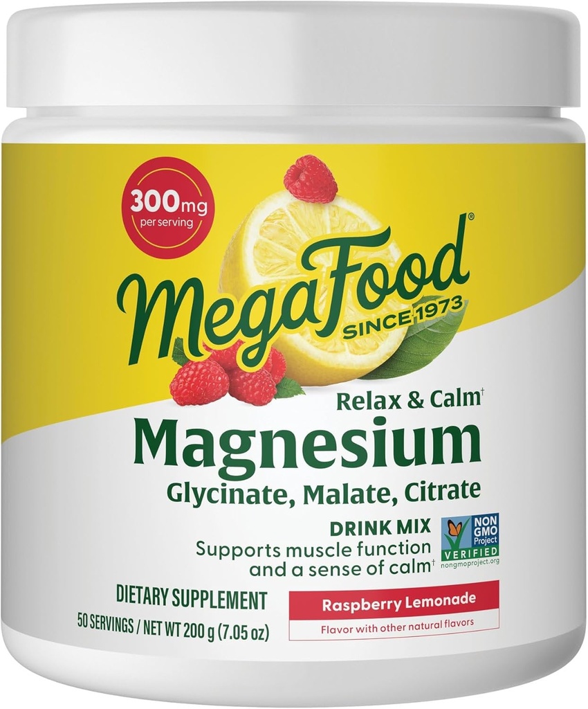 Megafood Relax + Calm Magnesium Powder - Highly Absorbable Magnesium Glycinate, Magnesium Citrate & Magnesium Malate - Without 9 Food Allergens - Raspberry Lemonade Flavor - 7.05 Oz (50 Servings)