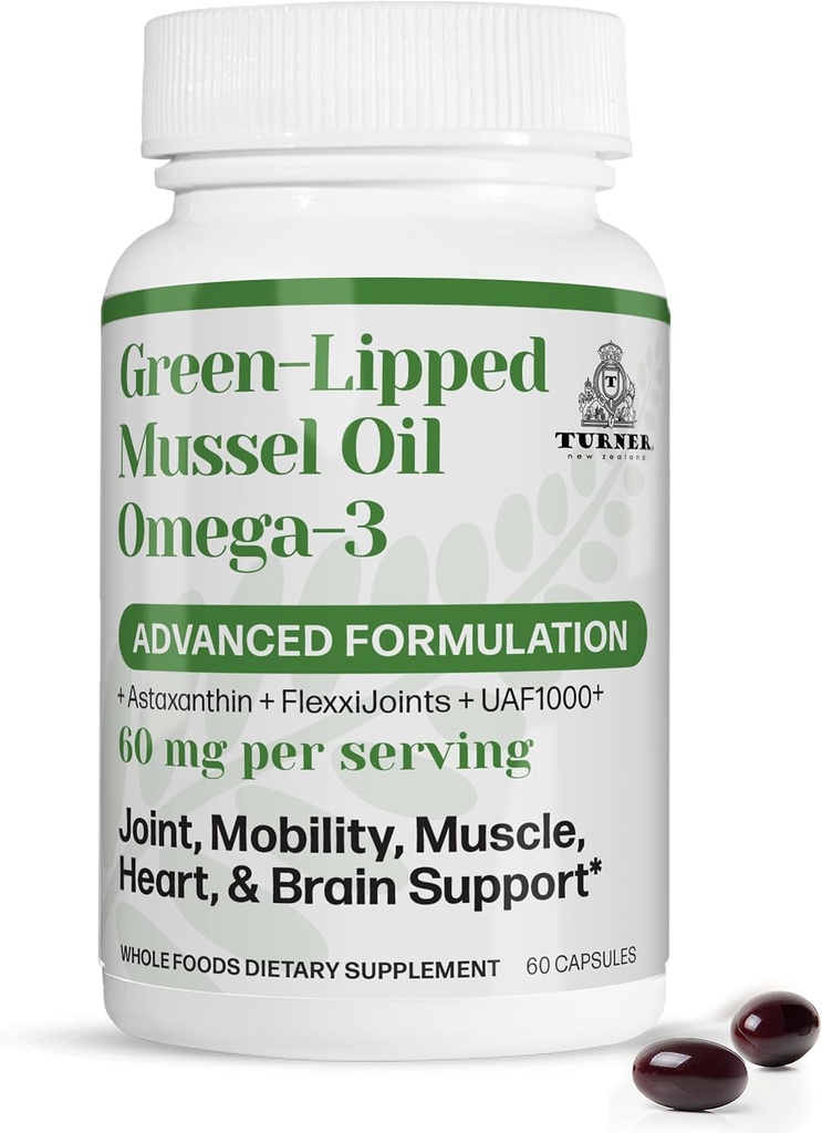 TURNER Omega-3 New Zealand Green Lipped Mussel Oil, 53x Higher Potency with UAF1000+ Super Antioxidant for Superior Joint Comfort & Mobility, No Fishy Aftertaste, 1 Bottle, 60 Softgels