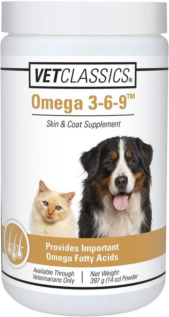 Vet Classics Omega 3-6-9 Pet Skin & Coat Dog Supplement – Supports Health Skin for Cats, Glossy Coats for Pets – Pet Health Supplement for Cat Skin, Dog Skin – Omega Fatty Acids – Powder 14 Oz.
