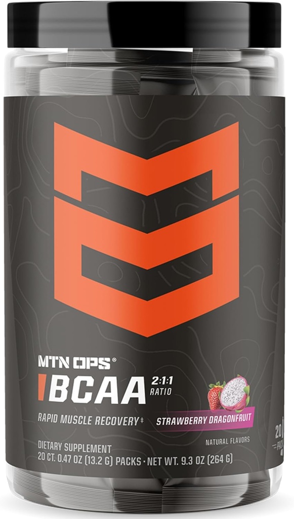 MTN OPS BCAA Powder 2:1:1 Amino Acids Supplement Powder for Rapid Muscle Recovery & Repair with Zero Sugar & Gluten Free - 20 Servings, Strawberry Dragonfruit Trail Packs