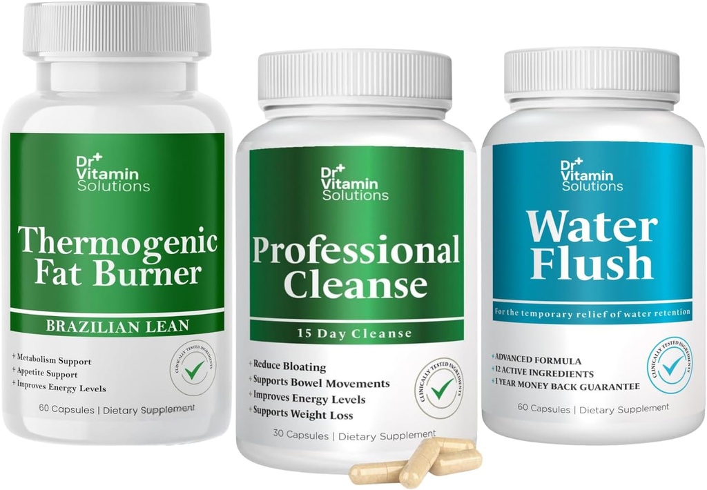 DR VITAMIN SOLUTIONS 15 Day Cleanse, Thermogenic Fat Burner, Water Weight Loss for Women & Men Bundle, 180 Capsules