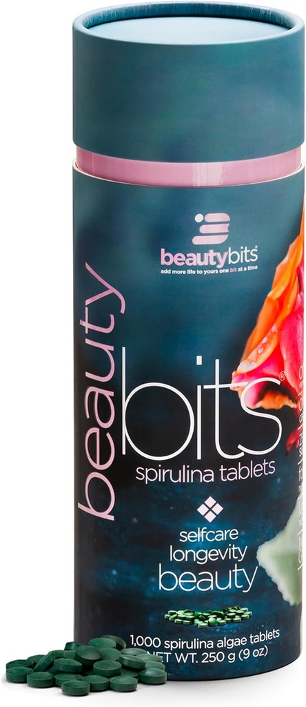 BEAUTYbits - Organic Spirulina Tablets - Algae Superfood - Collagen, Protein, Chlorophyll - Hair, Nails, & Skin Care - Vegan, Keto, Gluten Free - Self Care - Skincare Beauty Gifts - 1000 Tablet Can