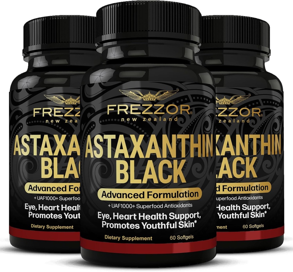 FREZZOR Astaxanthin Black with UAF1000+ Super Antioxidant, Supports Heart, Eye & Brain Health, Anti-Aging Skincare & Cellular Protection, 12mg Astaxanthin per Serve, 180 Softgels, 3 Month Supply