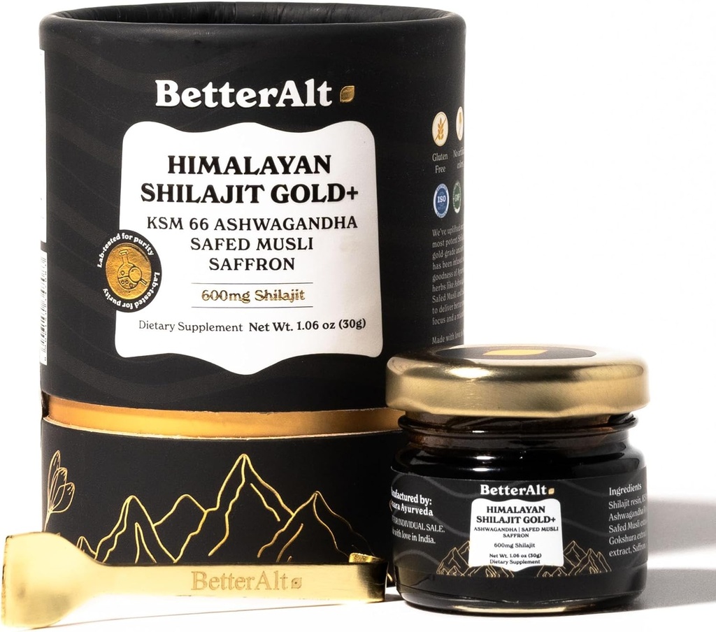 Better Alt Pure Himalayan Shilajit Gold+(30gm)|Enhances Recovery & Boosts Strength|16,000 ft Sourced Blend with Ashwagandha, Safed Musli,Gokshura|Shilajit gold for men & women|Vegan & Lab Tested-600mg