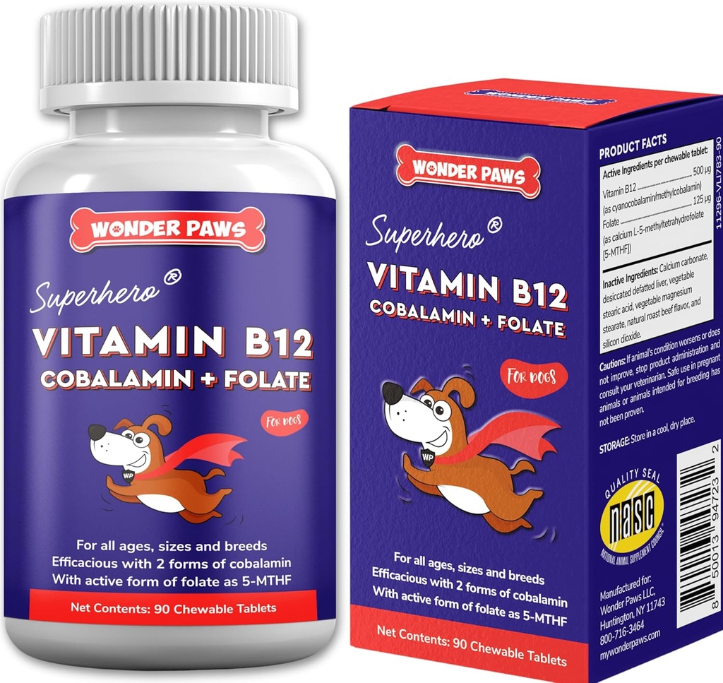 Wonder Paws B12 Supplement for Dogs – Vitamin B-12 for All Ages, Sizes & Breeds – Vitamin B12 for Dogs as Superior Methylcobalamin, Cobalamin & Folate (5-MTHF) – 90 Beef Flavored Chewables
