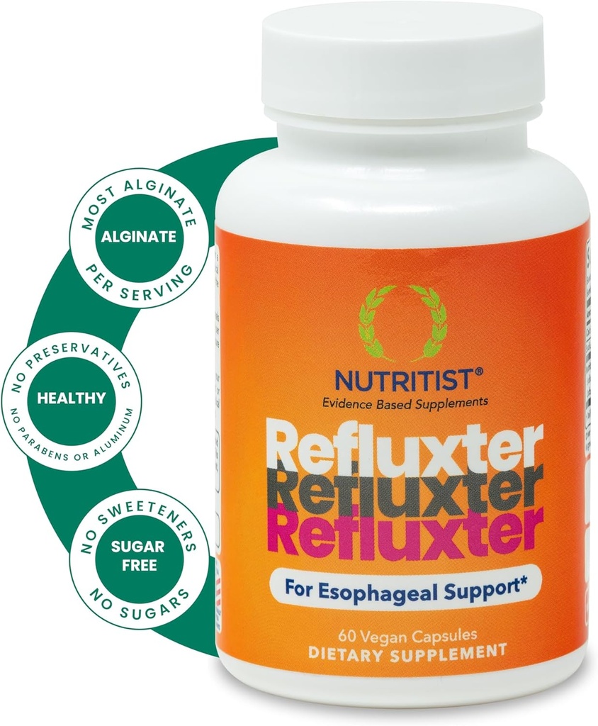 Refluxter Sodium Alginate Capsules – Natural Acid Reflux & GERD Relief Supplement. Supports LPR, Silent Reflux, Heartburn, Indigestion. Alginate Therapy. Alginato de Sodio. Made in USA