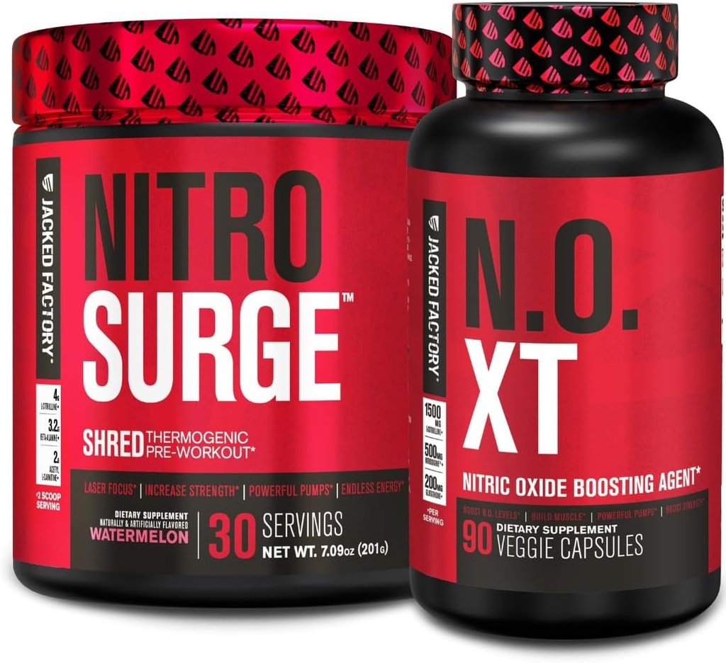 Jacked Factory Nitrosurge Shred Thermogenic Pre-Workout in Watermelon & N.O. XT Nitric Oxide Booster for Men & Women