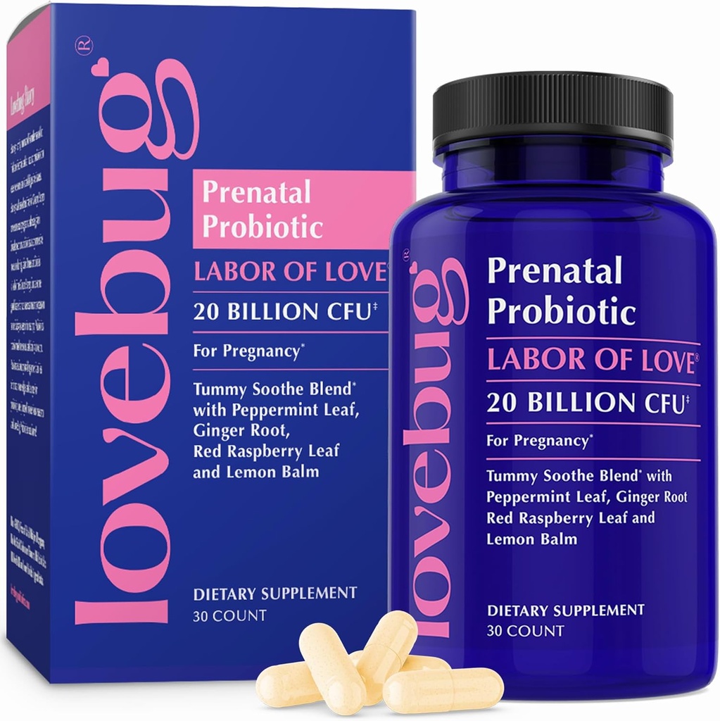 LOVEBUG Prenatal Probiotic Supplement - 7 Probiotics & Prenatal Vitamins for Women, 20 Billion CFU, with Soothing Peppermint, Ginger, Raspberry Leaf and Lemon Balm. 30 Capsules