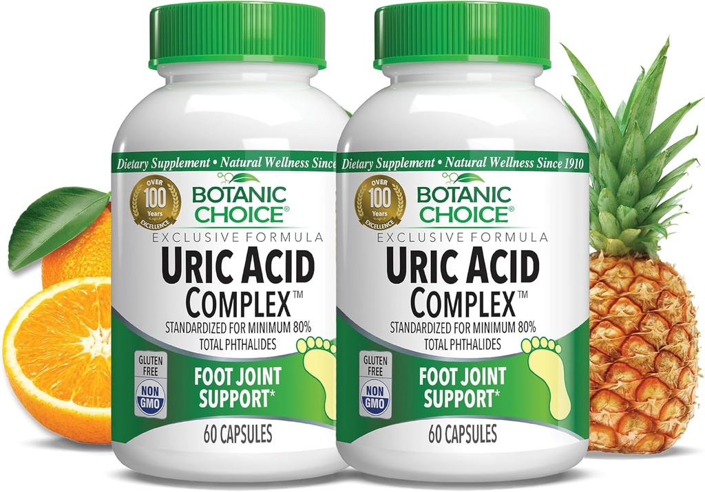 Botanic Choice Uric Acid Complex Foot Joint Support Supplement – Help Sooth Discomfort with Celery Seed and Bromelain - 2 Pack