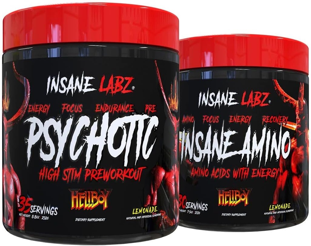 Insane Labz Hellboy Bundle, Psychotic Hellboy Pre Workout and Insane Amino BCAA, Increase Muscle Mass, Strength, Focus and Recovery Time, Lemonade