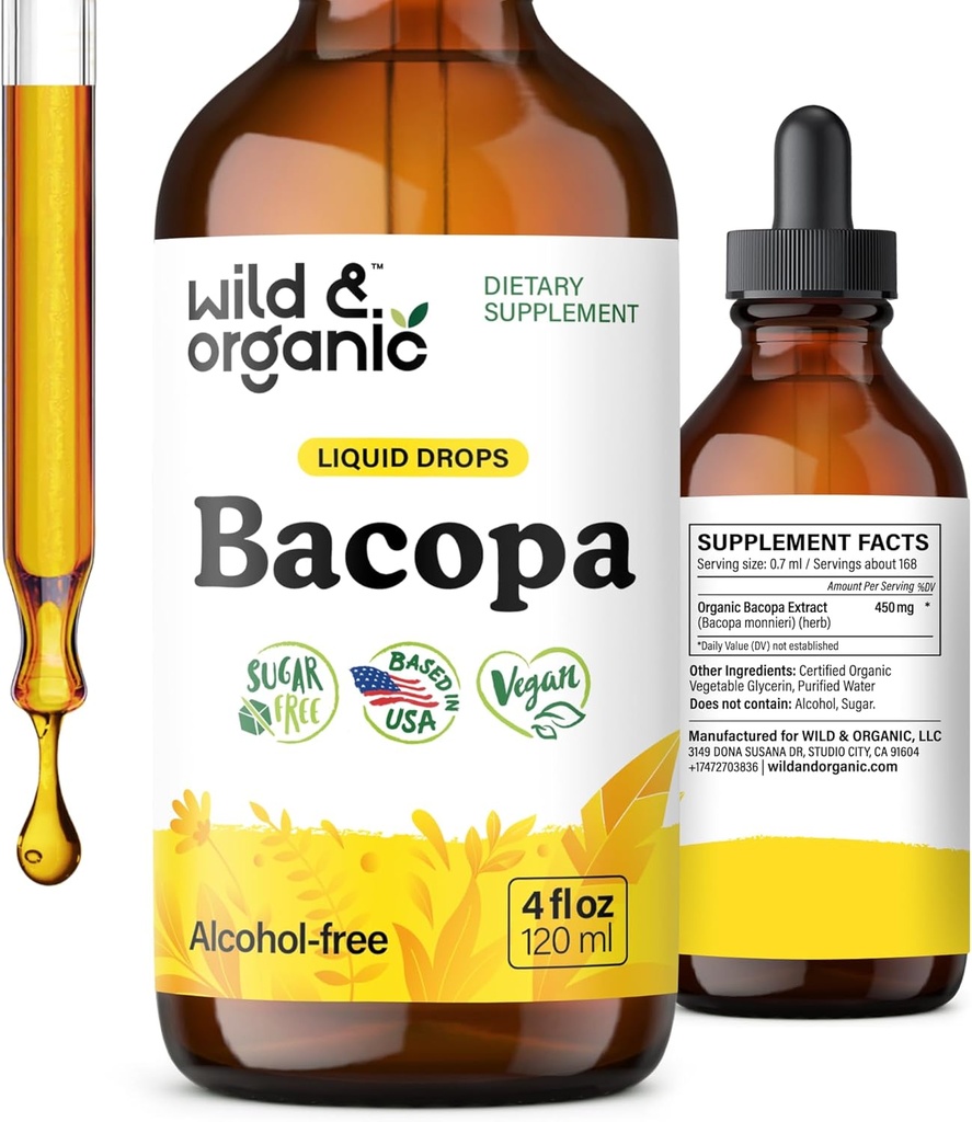 Wild & Organic Bacopa Liquid Drops - Herbal Tincture for Brain Support - Vegan Supplements with Bacopa Monnieri Extract Liquid - 5-Month Supply - Sugar & Alcohol-Free - 4 fl oz