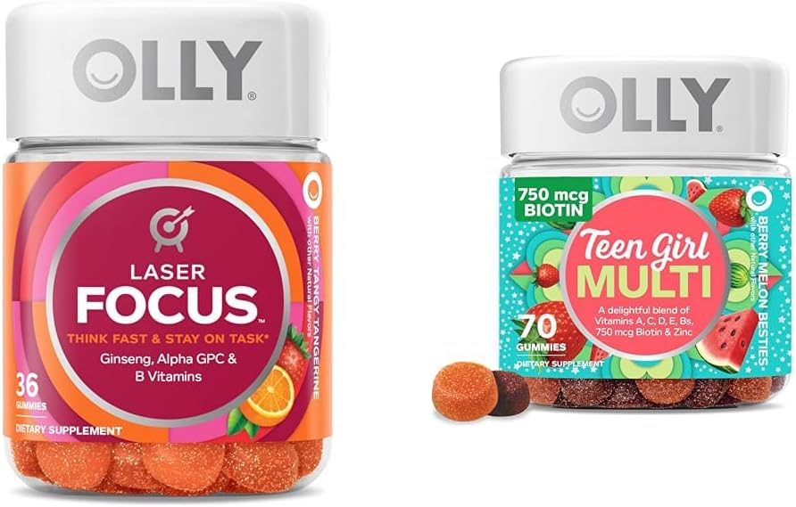 OLLY Laser Focus Gummy 36 Count and Teen Girl Multi 70 Count Berry Melon