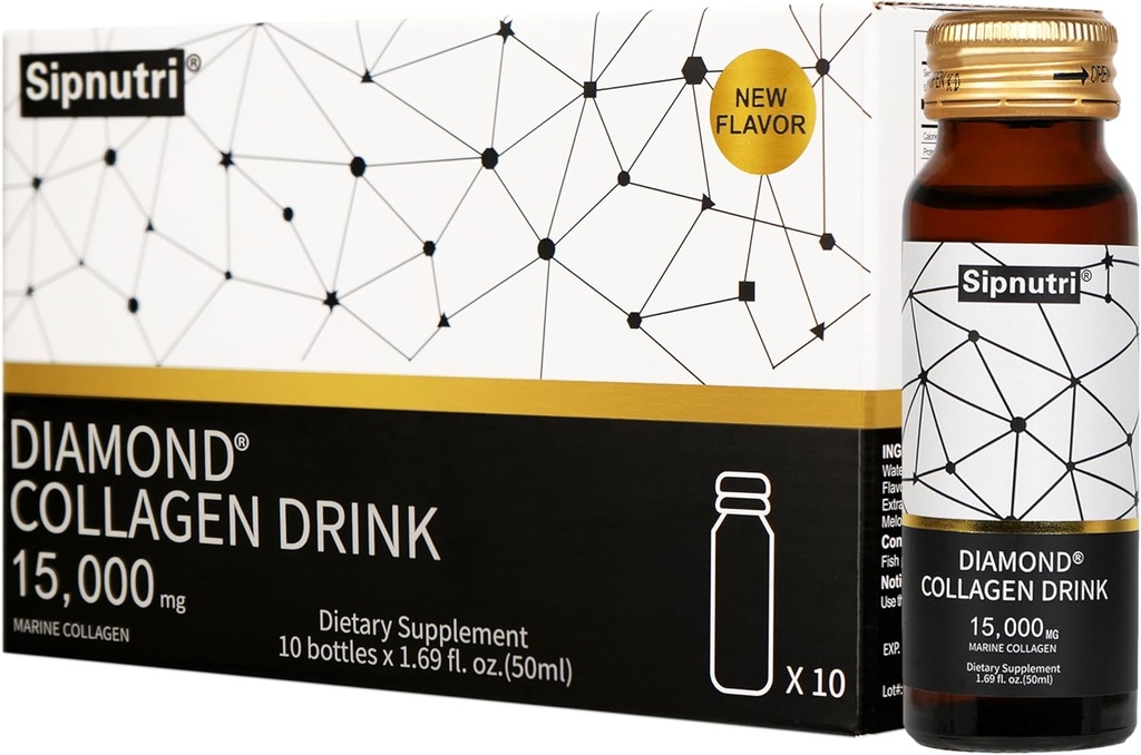 Diamond Liquid Collagen Drink, Gift for Man & Women, 15000 mg Hydrolyzed Marine Collagen Peptides with Vitamin C, Pomegranate, Healthy Hair Skin Nails Joints Bones Support, 50 ml x 10 Bottles