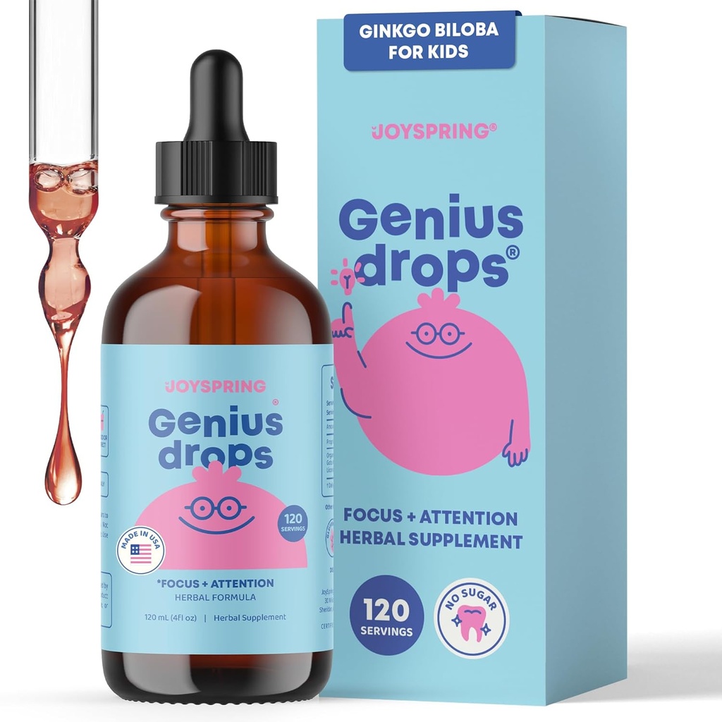 JoySpring Genius Drops - Organic Focus Drops for Kids | Clinically Proven Focus Supplement Helps Kids Perform Better in School | Liquid Herbal Supplement with Ginkgo Biloba (4 fl oz) 120 Servings