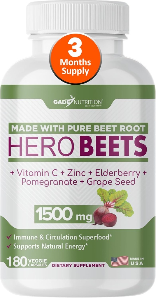 Gade Nutrition Hero Beets - Beet Root Capsules 1500mg - Organic Beet Root Powder + Vitamin C Zinc, Elderberry, Pomegranate, Grape Seed Extract - 3 Months Supply