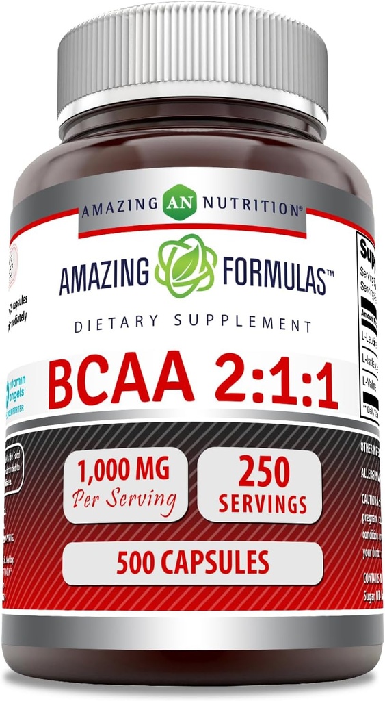 Amazing Formulas BCAA 2:1:1 1000 Mg Per Serving | Capsules | Branched Chain Amino Acids Supplement | Non-GMO | Gluten-Free | Made in USA (500 Count, Pack of 1)