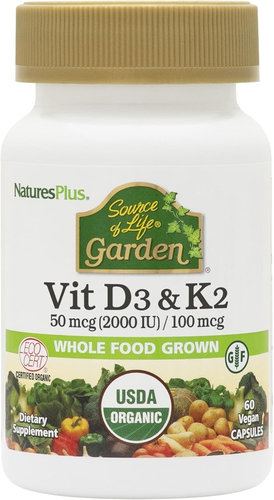 NaturesPlus Source of Life Garden Vitamin D3 & K2-60 Vegan Capsules - Promotes Bone Support, Immune Function, Cardiovascular Health & Mood Balance - Vegan, Gluten Free - 60 Servings