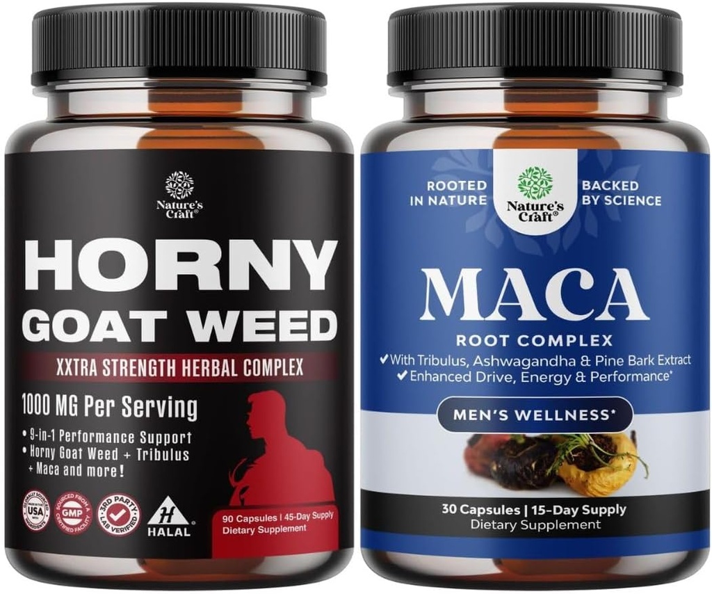 Bundle of Horny Goat Weed for Men with Black Maca Root, Tongkat Ali, Saw Palmetto & Panax Ginseng Extract and Maca Root Capsules - Herbal Wellness Supplement with Siberian Ginseng Ashwagandha