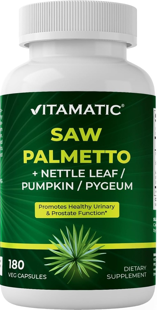 Vitamatic Saw Palmetto Extract for Men & Women 180 Veg Capsules - Made with Pumpkin Seed, Pygeum, Nettle Leaf - Made in The USA - Promotes Healthy Prostate Function