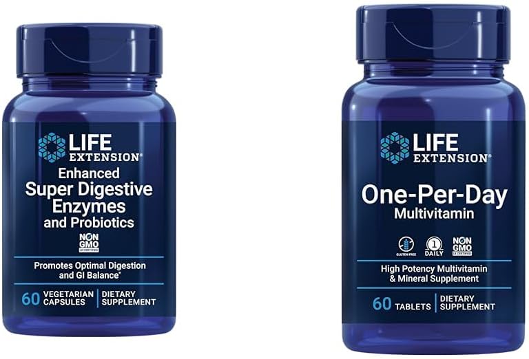 Life Extension Enhanced Super Digestive Enzymes & Probiotics 60 Vegetarian Capsules and One-Per-Day Multivitamin 60 Tablets