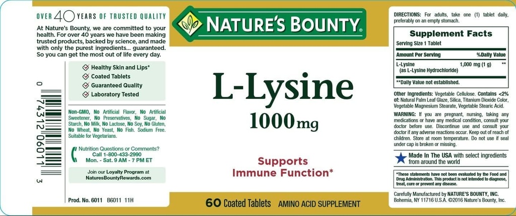 Nature's Bounty L-Lysine 1000 mg Tablets 60 ea (Pack of 9)