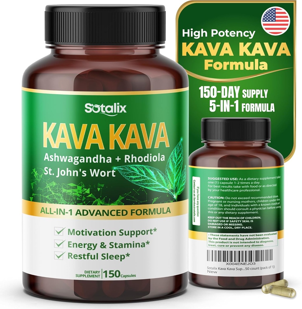 Sotalix Kava Kava Supplement with Ashwagandha Rhodiola St. John's Wort for Mood, Energy & Calming Support - USA Made & Tested (150 Count (Pack of 1))