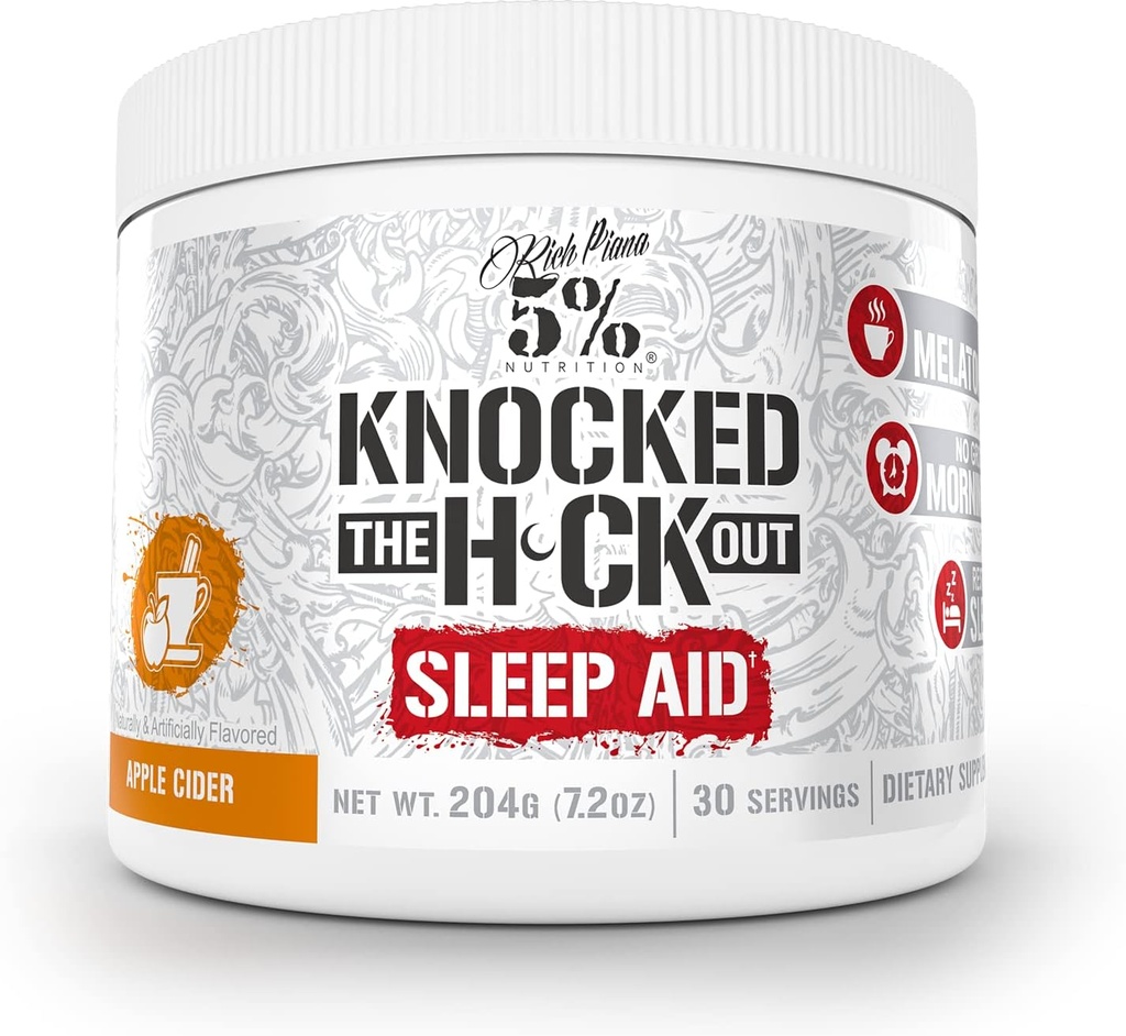 5% Nutrition Rich Piana Knocked Out Natural Sleep Aid | Post-Workout Recovery & Deep Sleep Supplement | GABA, Melatonin, Chamomile, Tyrosine, 5-HTP, & More | 7.2 oz, 30 Servings (Apple Cider)