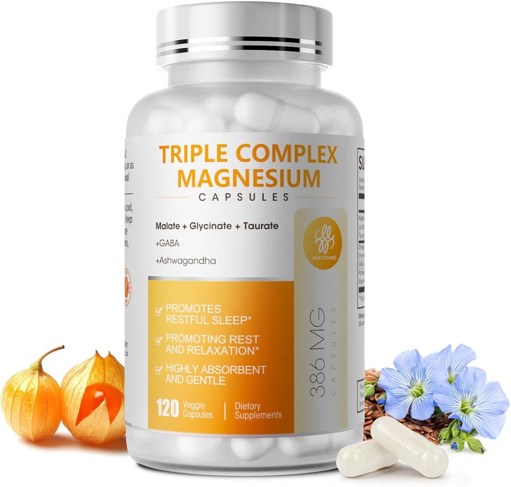 Triple Magnesium Complex - Magnesium Glycinate, Taurate & Malate Supplement with Omega3, Ashwagandha, GABA for Sleep, Brain Heart & Muscle Support - High Absorption and Gentle, Vegan, 120 Capsules