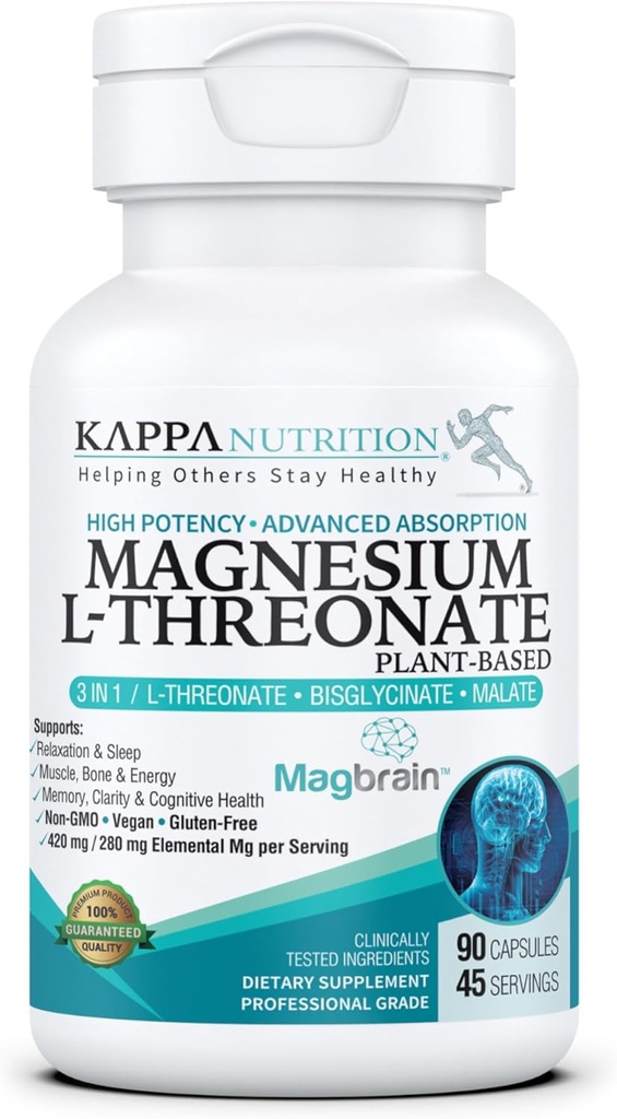 Kappa Nutrition Powered by Magbrain™ Magnesium L-Threonate Plant-Based, 420mg Elemental Magnesium (3 Capsules) from 2,253mg, 90 Vegan Capsules, Brain, Sleep & Muscle Support.