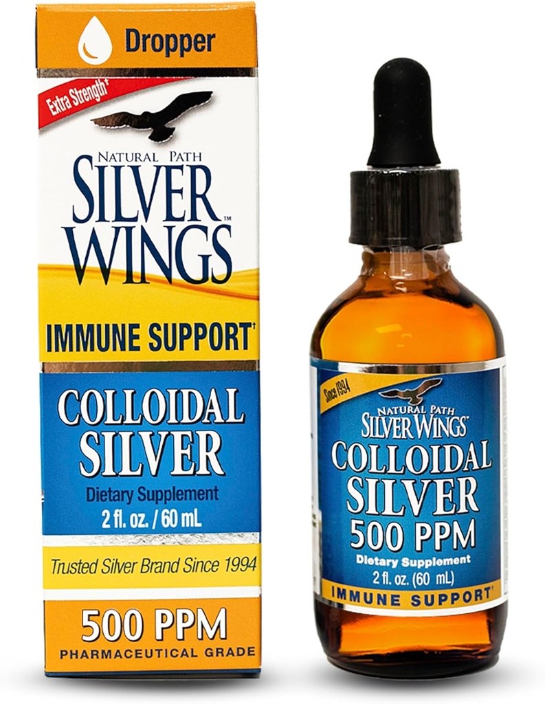 Natural Path Silver Wings Colloidal Silver - Extra Strength Liquid Immune Support Supplement - - 500ppm (2500mcg) - 2oz Dropper