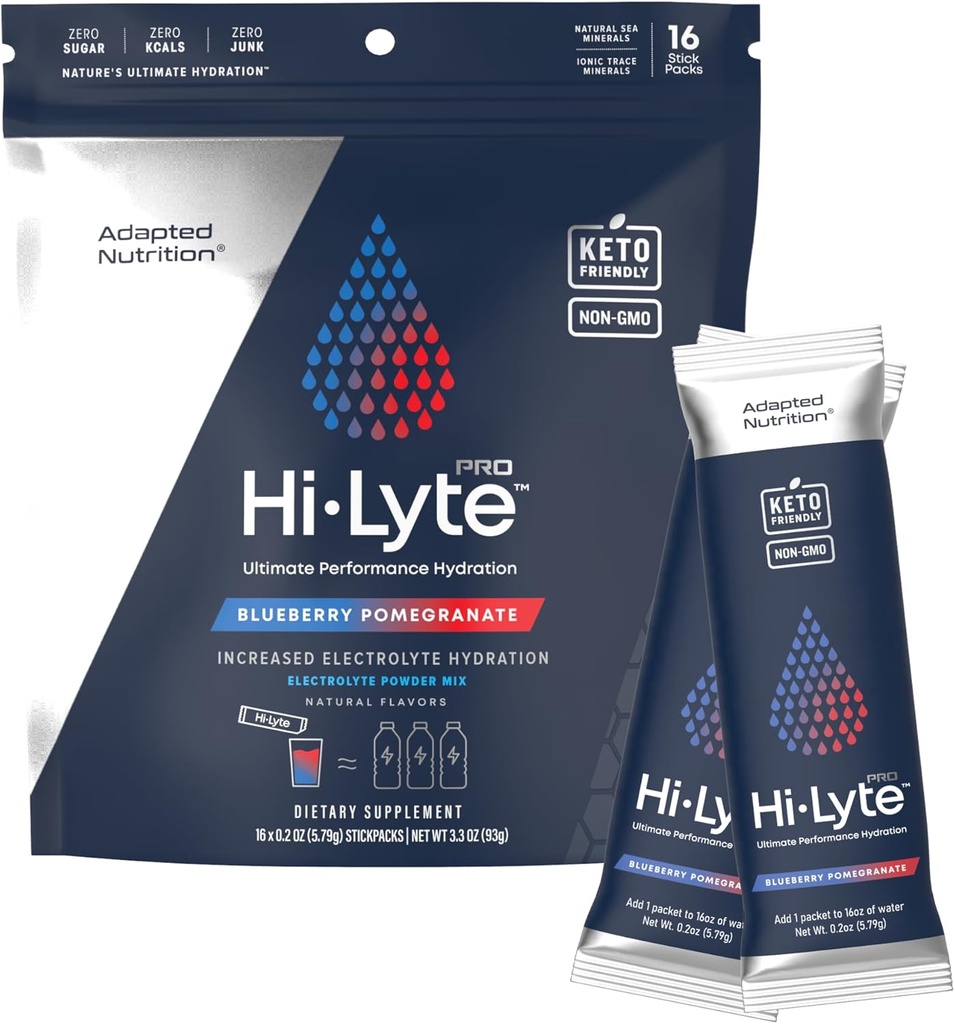 Adapted Nutrition Hi-Lyte Pro Hydration Packets - 16 Individual Drink Packets | Blueberry Pomegranate | Flavored Electrolyte Powder | Sugar-Free, Zero Carb, Zero Calorie