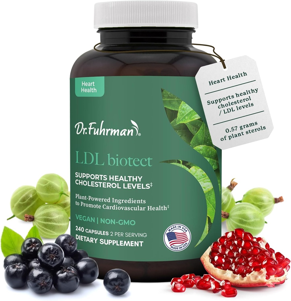 Dr. Fuhrman's LDL Biotect cholesterol lowering supplements | Wholefood & Organic Plant Sterol to help with High cholesterol | Organic pomegranate, amla & chokeberry extracts | 240 caps 60-day Supply