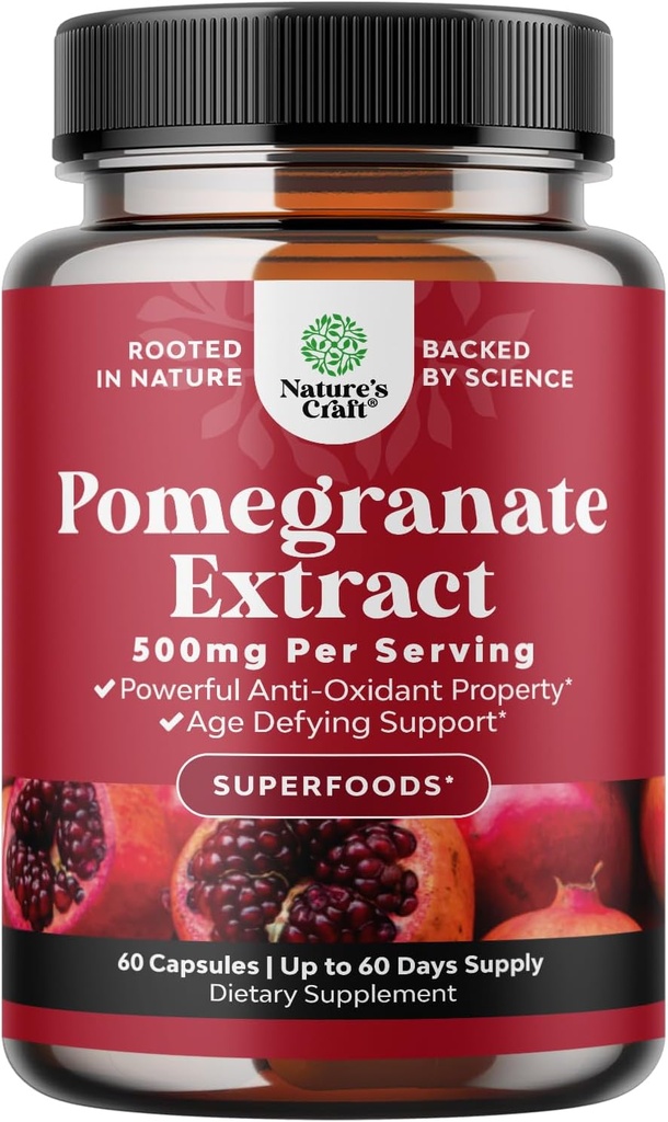 Pomegranate Extract Capsules Antioxidant Supplement - Natural Pomegranate Capsules for Heart Health Joint Support and Pre Workout for Men and Women - Nitric Oxide Supplement with Brain Health Vitamins