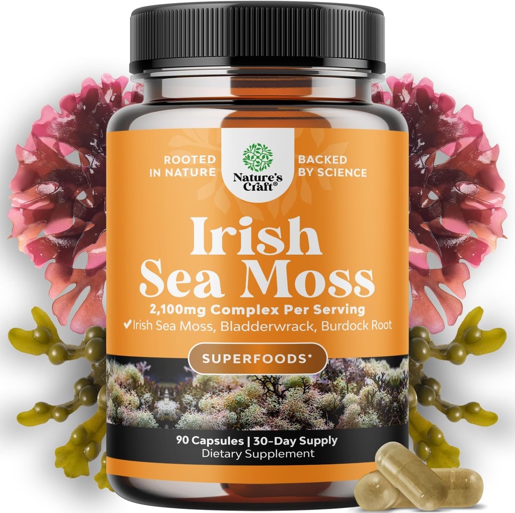 Organic Irish Sea Moss Capsules - Organic Sea Moss Pills with 2100mg Serving Superfood Complex with Bladderwrack Burdock Root and BioPerine for Immune Skin & Thyroid Support - Vegan Non-GMO (1 Month)