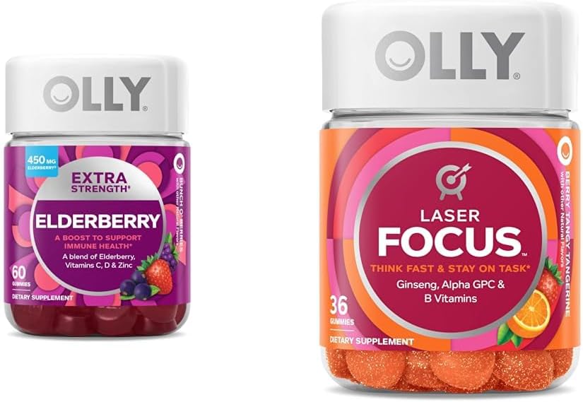 OLLY Extra Strength 450mg Elderberry Immune Gummies, 36 Count Laser Focus Ginseng Alpha GPC Gummies